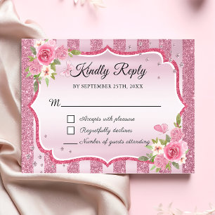 Purpurina floral rosa Quinceanera RSVP Tarjeta