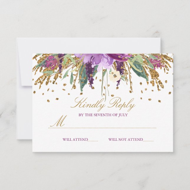 Purpurina floral Sparkling Amethyst Wedding RSVP (Anverso)