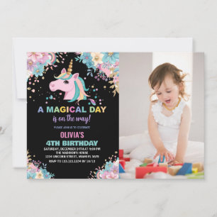 Purpurina floral Unicorn Invitaciones de cumpleaño