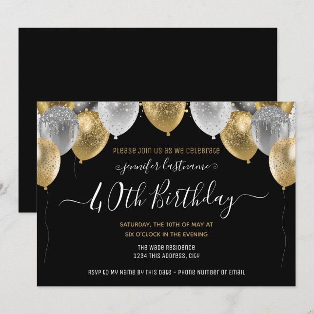 Purpurina Globos 40.ª invitación a fiesta de cumpl (Anverso / Reverso)