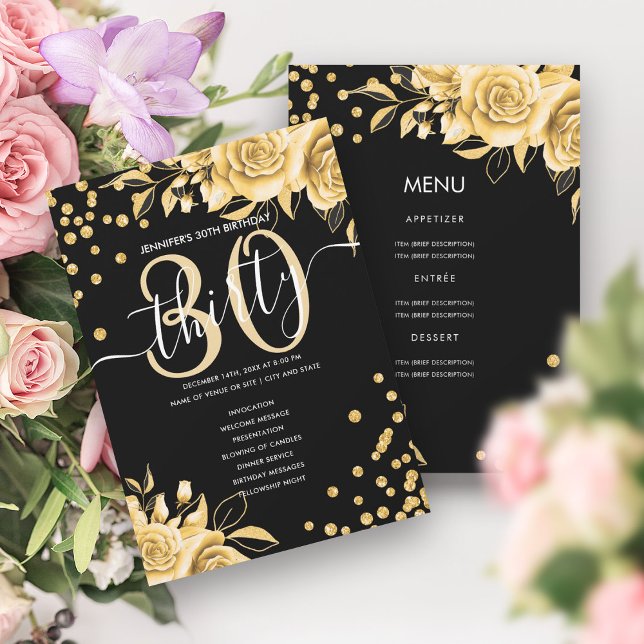 Purpurina Gold Black Floral 30 Programa de menú de (Gold Black Floral Glitter 30 Birthday Menu Program)