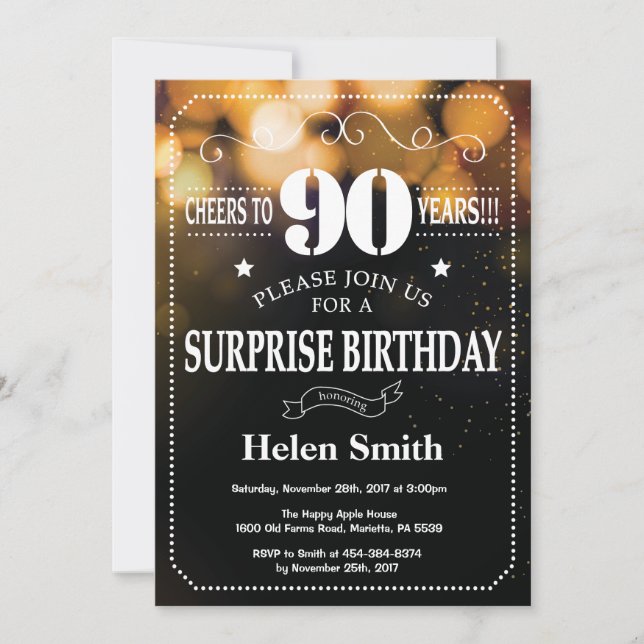 Purpurina Gold Sorpresa 90 cumpleaños invitación (Anverso)