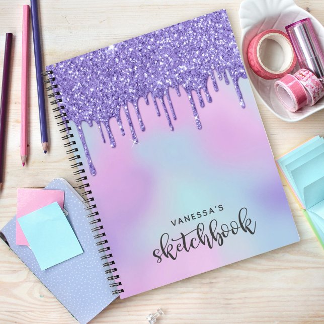 Purpurina holográfico morado perfora el cuaderno d (A cute purple dripping glitter holographic sketchbook. Personalize it with your name.)