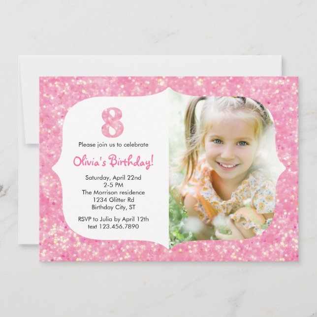 Purpurina invitación de ocho cumpleaños (Anverso)
