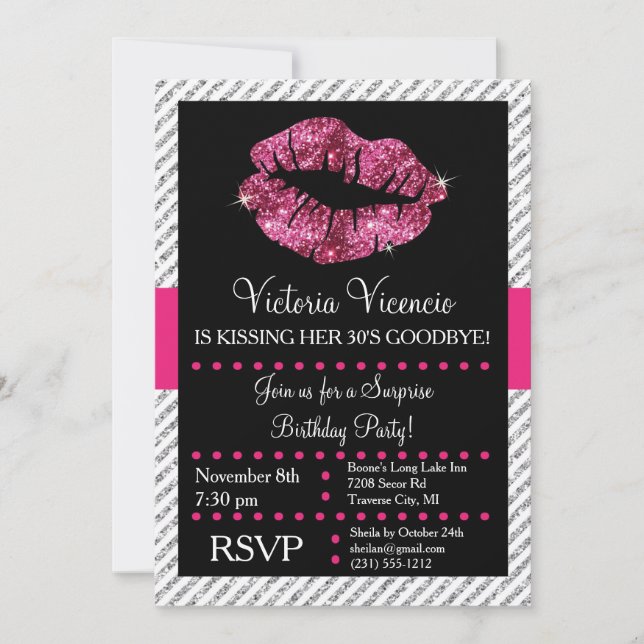 Purpurina Lips Kissing Adulto Birthday Invitación (Anverso)