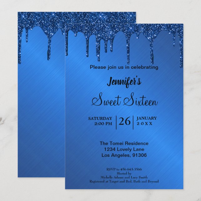 Purpurina metálico azul Dulce Dieciséis Invitacion (Anverso / Reverso)