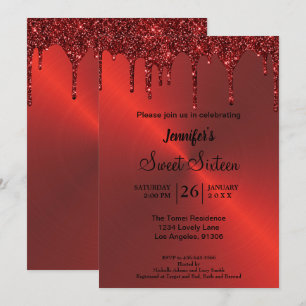 Purpurina metálico rojo dulce dieciséis invitacion