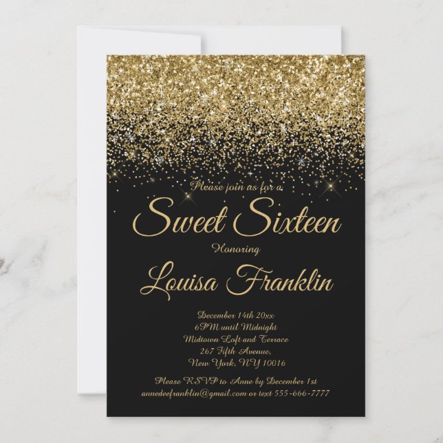 Purpurina moderno negro y oro dulce 16 invitación (Anverso)