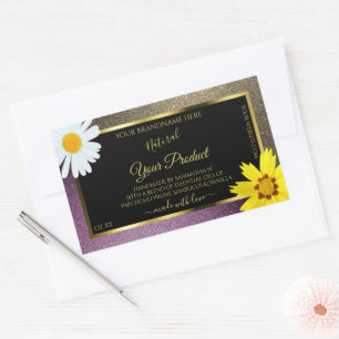 Purpurina morado de oro floral Etiquetas negras de