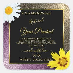 Purpurina morado de oro floral Etiquetas negras de