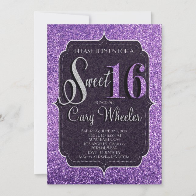 Purpurina morado dulce 16 cumpleaños invitación (Anverso)