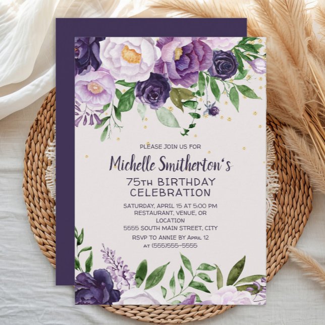 Purpurina morado floral 75ª invitación por cumplea (Purple floral women's 75th birthday party banner)