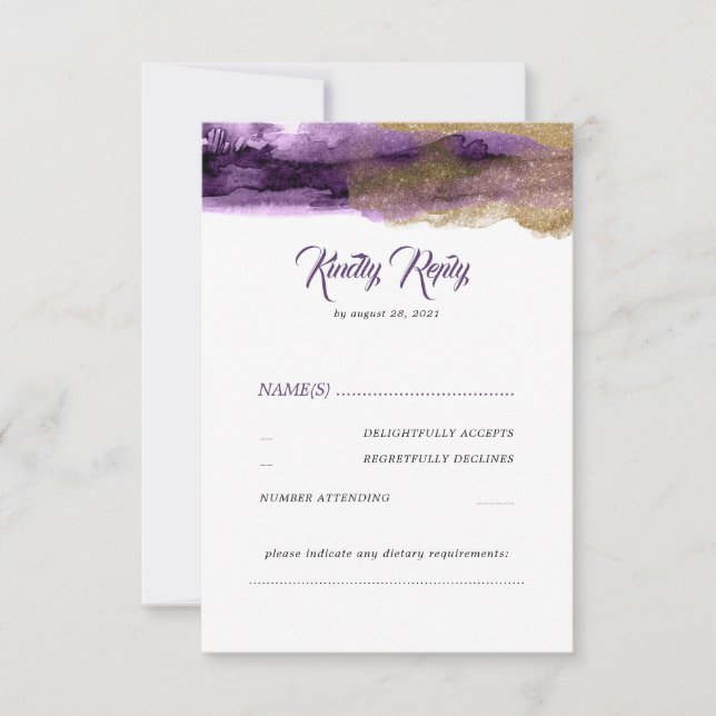 Purpurina morado y dorado de boda moderna RSVP (Anverso)