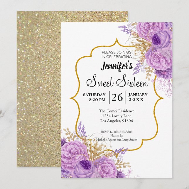 Purpurina Morple Floral Sweet 16 Invitación de cum (Anverso / Reverso)