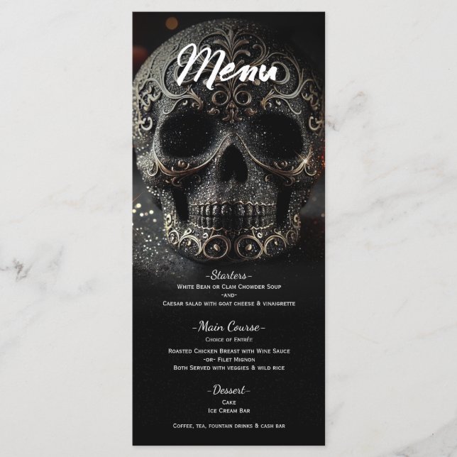 Purpurina negro Glam Sparkle Skull Boda Menu (Anverso)