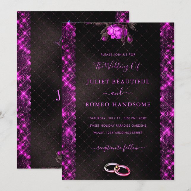 Purpurina negro rosa marco invitación a la boda mo (Anverso / Reverso)