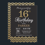 Purpurina negro y dorado invitación a cumplir 16 a<br><div class="desc">Invitación de cumpleaños número 16 con Chevron,  Purpurina negro y oro.Pizarra.Cumpleaños de niños. Invitar a niño o Chica Bday.
Para más personalización,  haga clic en el botón "Personalizar" y utilice nuestra herramienta de diseño para modificar esta plantilla.</div>