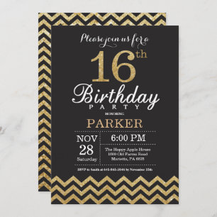 Purpurina negro y dorado invitación a cumplir 16 a