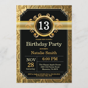 Purpurina negro y oro con invitación a cumplir 13