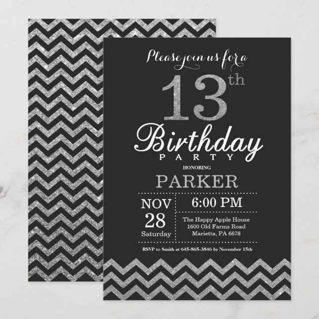 Purpurina negro y plateado con invitación a los 13 (Anverso / Reverso)
