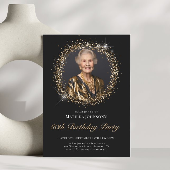 Purpurina Oro Negro Invitación a la fiesta de cump (Glitter Black Gold 80th Birthday Party Invitation)