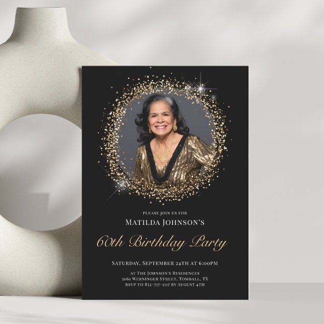 Purpurina Oro Negro Invitación a la fiesta de cump (Glitter Black Gold 60th Birthday Party Invitation
)
