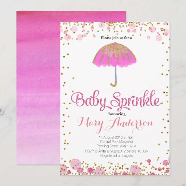 Purpurina PINK Baby Sprinkle Invitación paraguas (Anverso / Reverso)