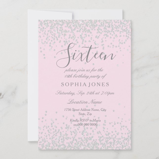 Purpurina Plata Dulce Rosa 16 Invitación de cumple (Anverso)
