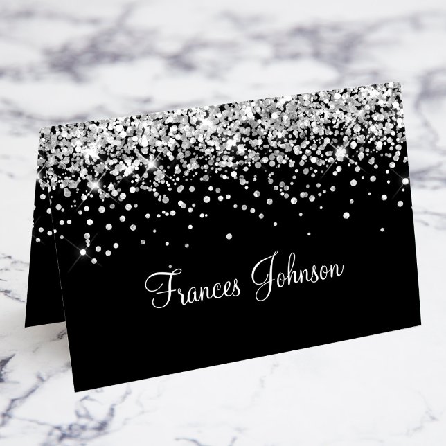 Purpurina Plata Tarjetas individuales negras de pl (Silver Glitter Black Individual Name Place Cards)