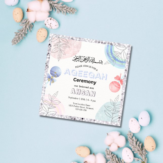 Purpurina plateado Aqeeqah- Aqiqah- Invitación (Subido por el creador)