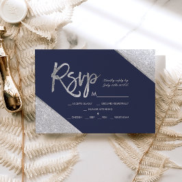 Purpurina plateado boda de guion azul marino Rsvp