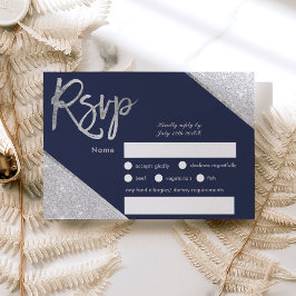 Purpurina plateado boda de guion azul marino Rsvp