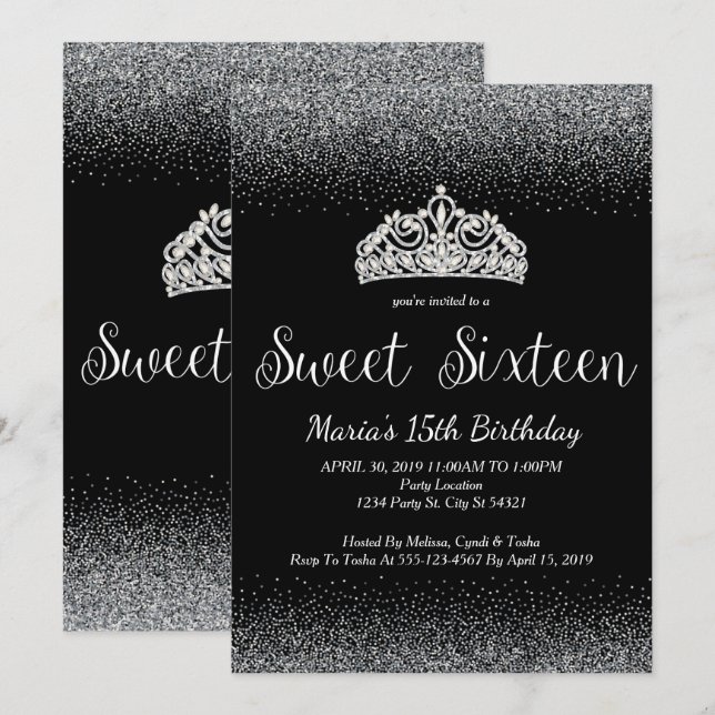 Purpurina plateado, dulces 16 invitaciones (Anverso / Reverso)