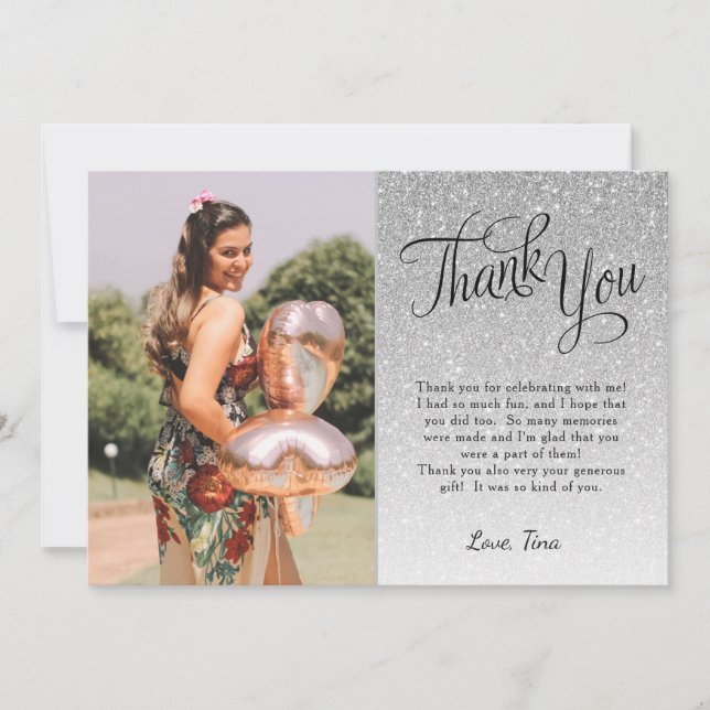 Purpurina plateado Foto Gracias Tarjeta plana (Anverso)