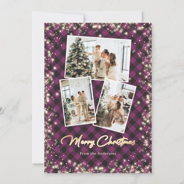 Purpurina Purple Plaid Gold 3 Foto Feliz Navidad (Anverso)