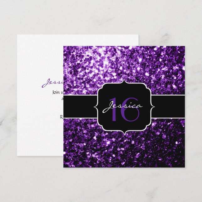 Purpurina púrpura chispa dulce 16 Invitación cuadr (Anverso / Reverso)