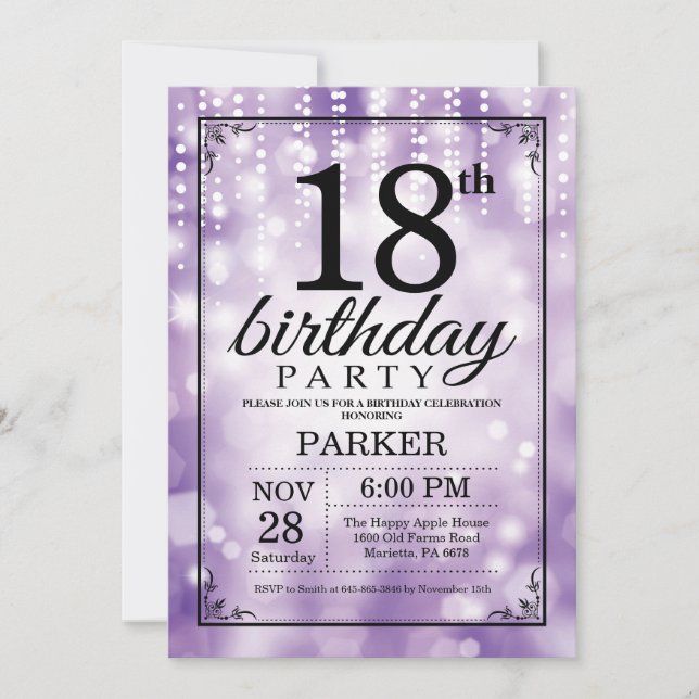 Purpurina púrpura invitación a cumpleaños 18 (Anverso)