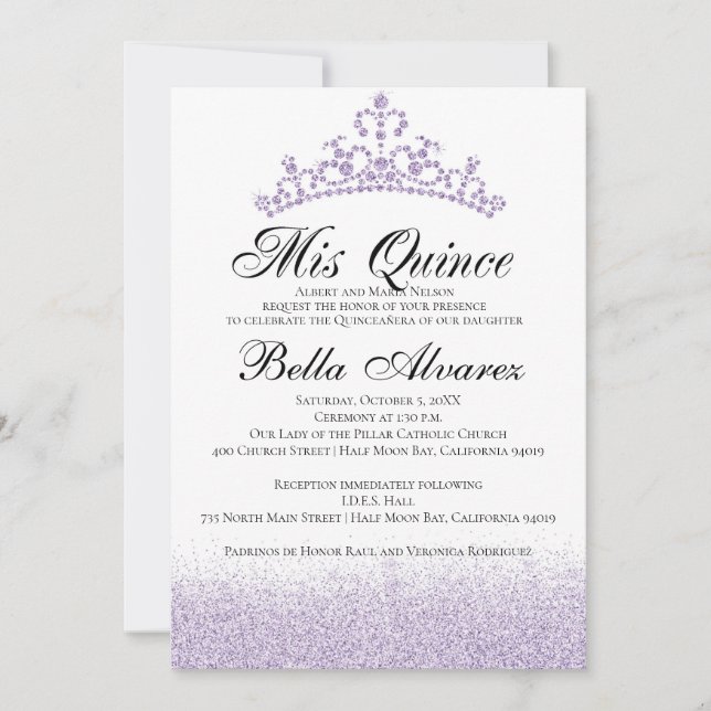 Purpurina púrpura Invitación Quinceañera Mis Quinc (Anverso)