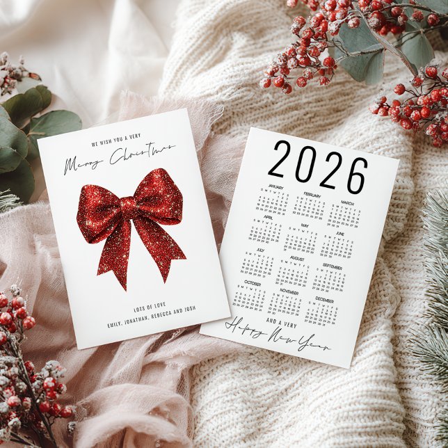 Purpurina Rojo Bow 2026 Calendario Feliz Navidad (Front and back view)