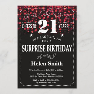 Purpurina Rojo Sorpresa 21 cumpleaños invitación
