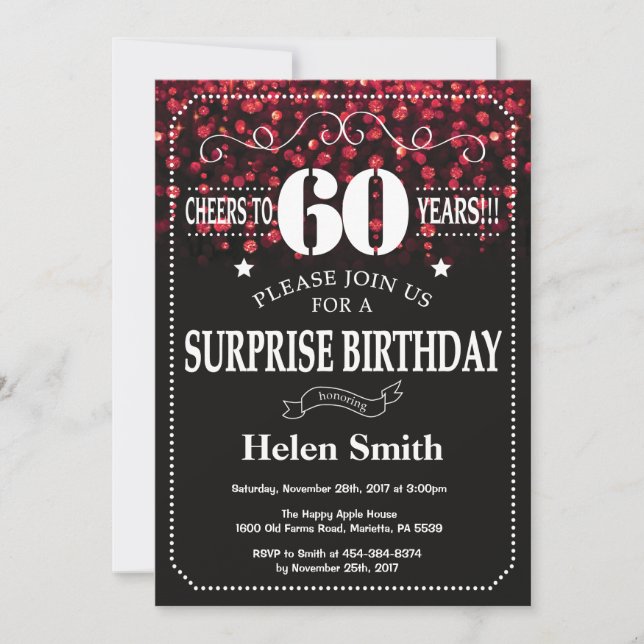 Purpurina Rojo Sorpresa Invitación a Cumpleaños 60 (Anverso)