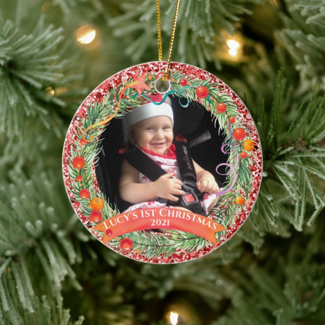 Purpurina Rojo Wreath primer ornamento de Navidad (Árbol)