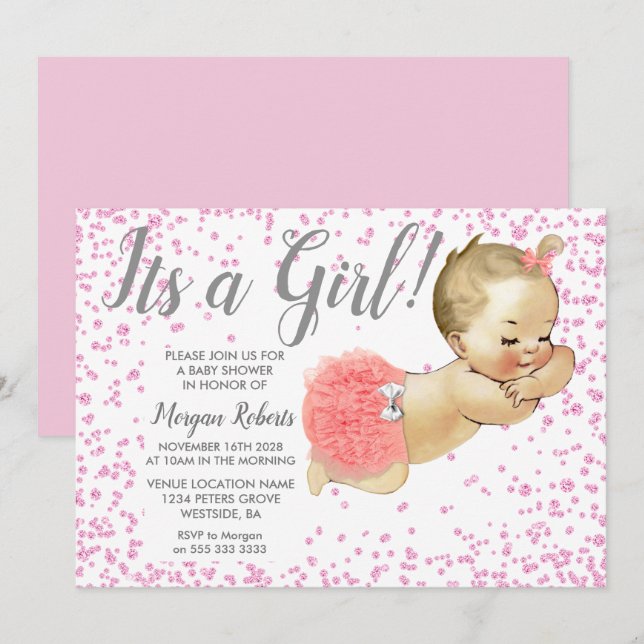 Purpurina Rosa Bebé Es Una Invitación De Baby Show (Anverso / Reverso)