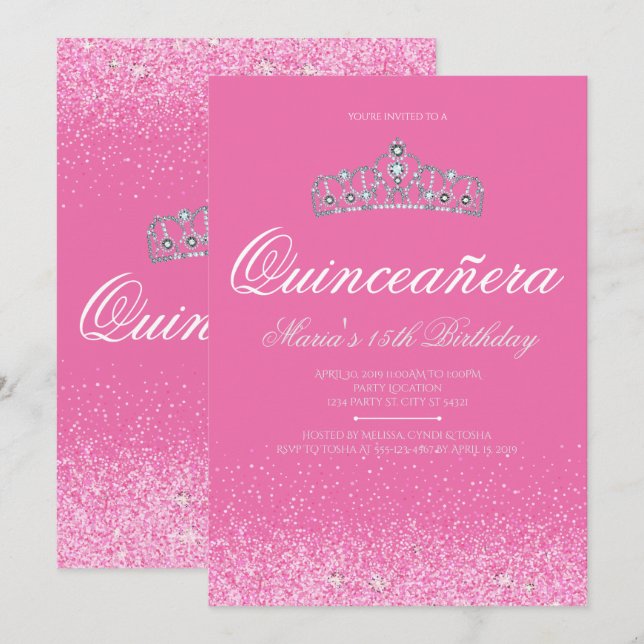 Purpurina Rosa Bonito, invitaciones Quinceanera (Anverso / Reverso)