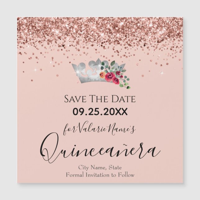 Purpurina rosa bonito Quinceanera Guardar la fecha (Anverso)