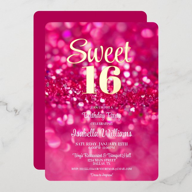 Purpurina rosa caliente Glam Sweet 16 Invitación d (Anverso/Reverso)