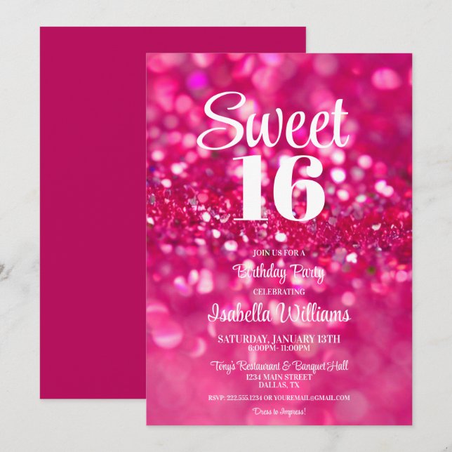 Purpurina rosa caliente Glam Sweet 16 Invitación d (Anverso / Reverso)