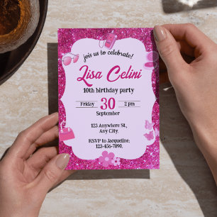 Purpurina Rosa Chica Floral Invitaciones de cumple