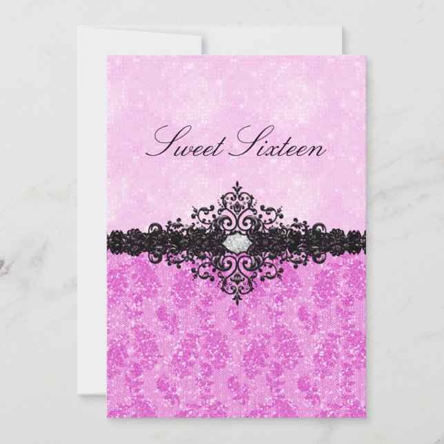 Purpurina rosa Damask Sweet 16 Invitación (Anverso)