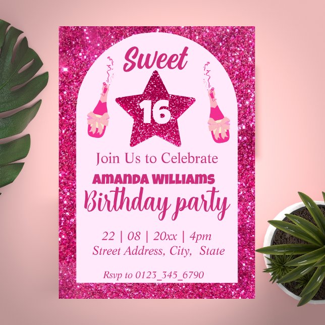 Purpurina Rosa Dulce Invitación de cumpleaños 16 (Subido por el creador)